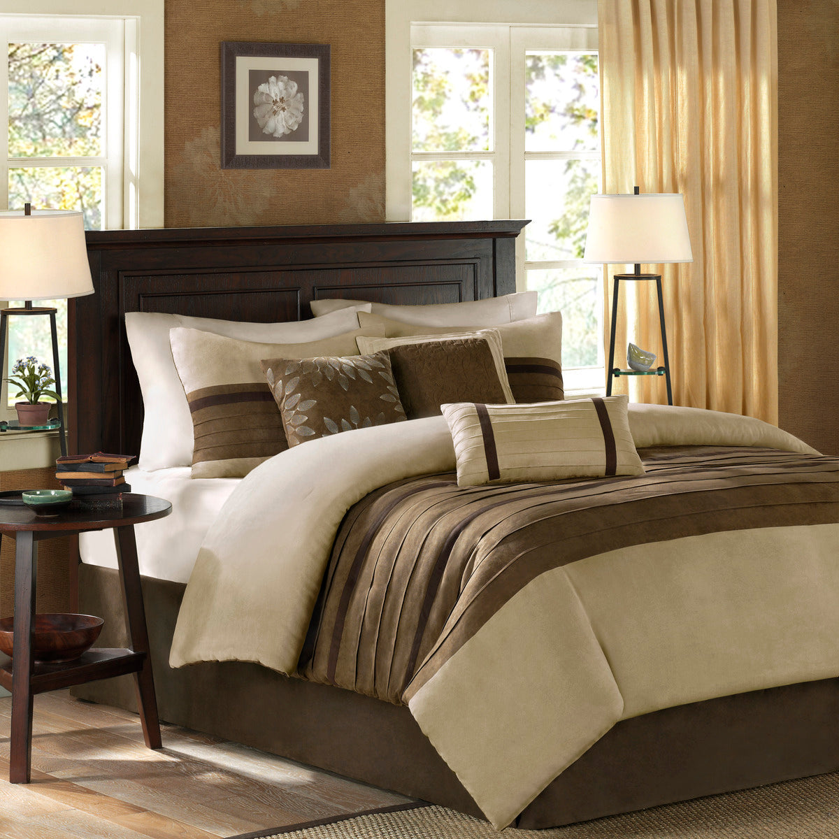 7 PC Faux Suede Comforter Set Natural King HouseOfZazla beige brown tones with stripes on Tampa Home & Garden Store