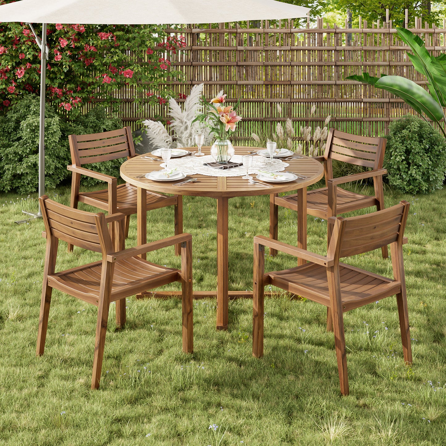 Five Piece Outdoor Dining Set with Acacia Wood