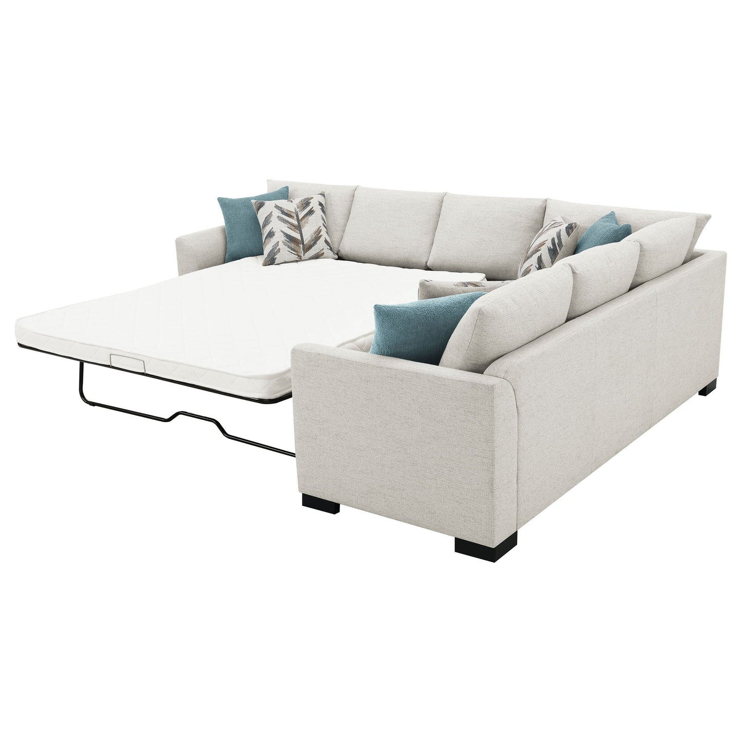 Radison upholstered sleeper sectional with hidden mattress in greige fabric, teal pillows on Tampa Home & Garden Store