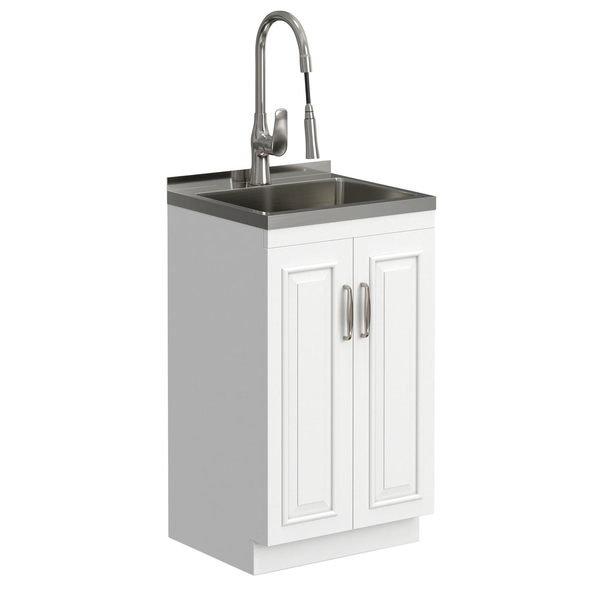 Deluxe laundry cabinet with stainless steel sink white raised-panel doors brushed nickel faucet on Tampa Home & Garden Store