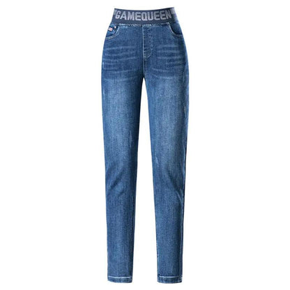 Women's fleece-lined high-waist slim jeans with elastic waistband in blue denim FLIPSTYLEZLLC on Tampa Home & Garden Store