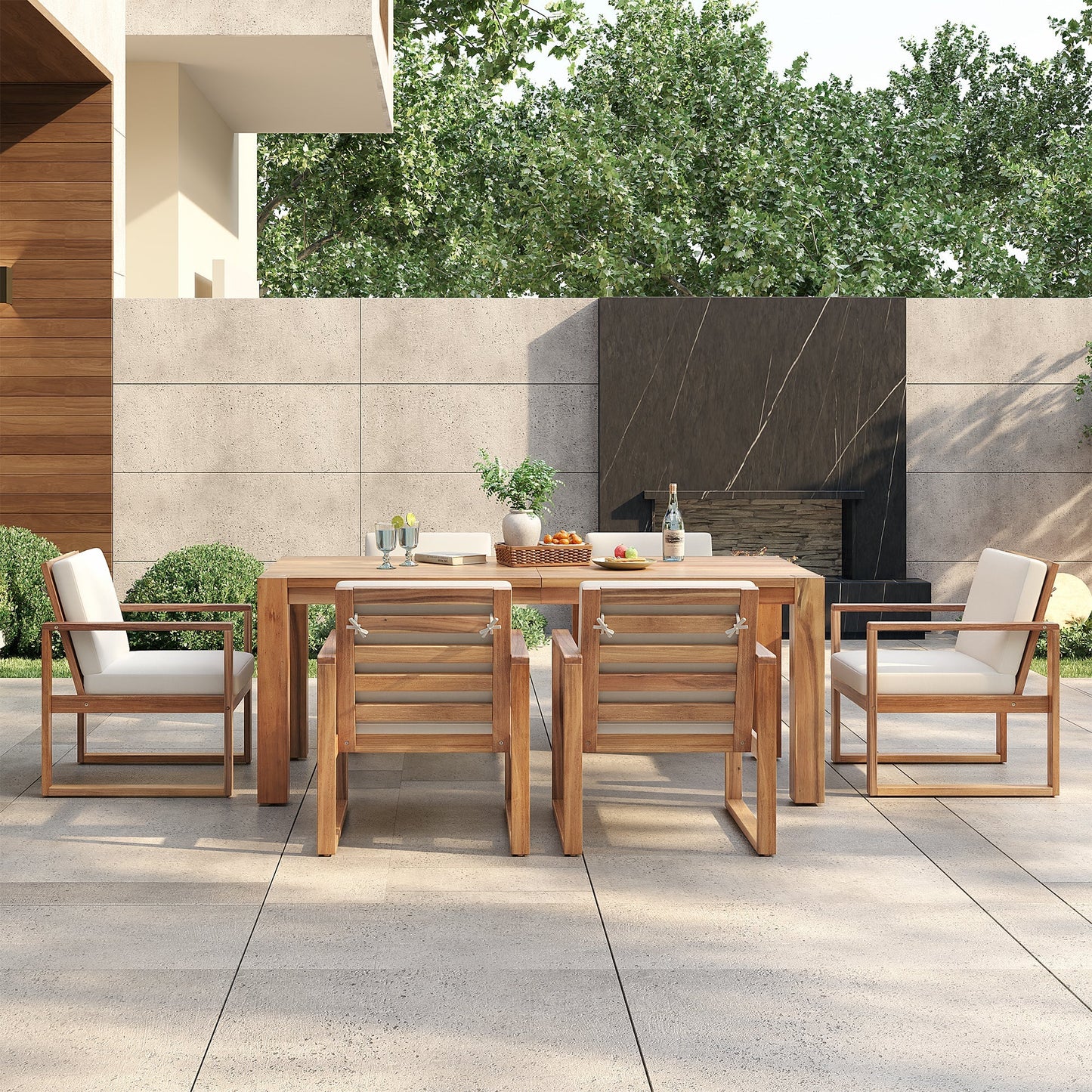 Trexm 7 Piece Acacia Patio Table and 6 Chairs Set