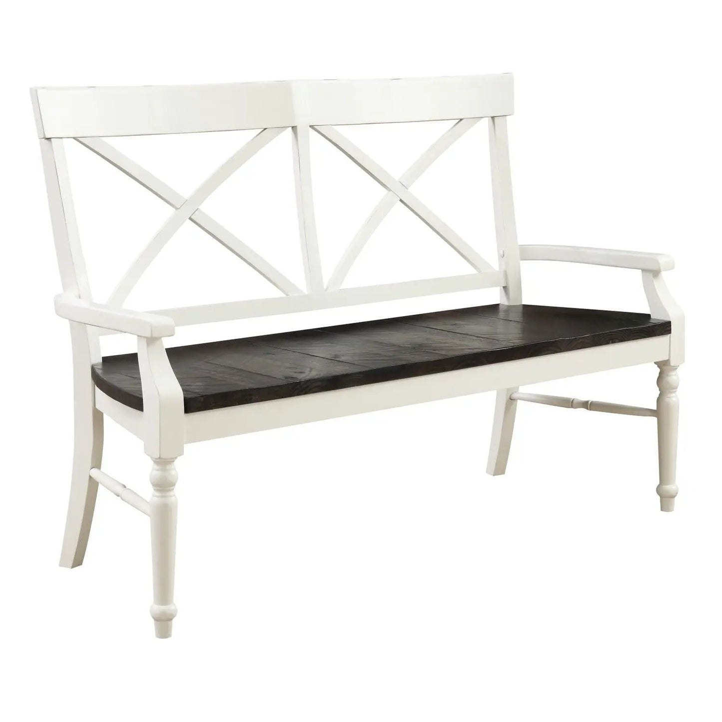 Mountina dining bench white frame with dark brown wooden seat and crisscross back on Tampa Home & Garden Store