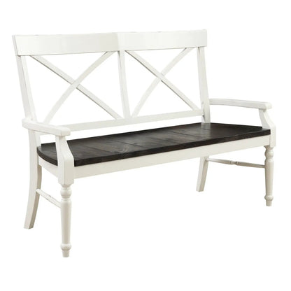 Mountina dining bench white frame with dark brown wooden seat and crisscross back on Tampa Home & Garden Store