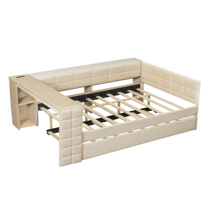 Upholstered Platform Bed with Storage Shelves