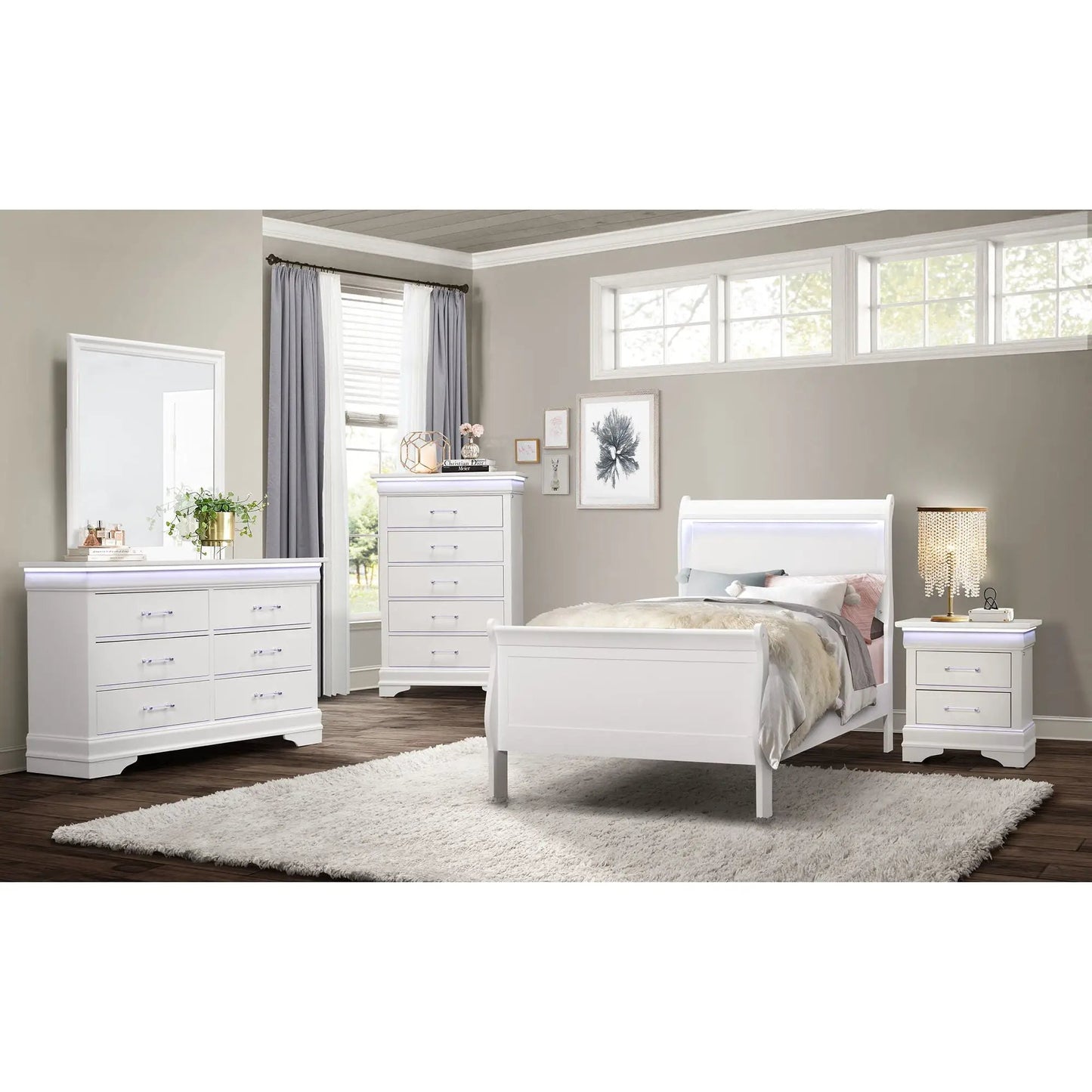 Charlston Bed with LED Lighting, Sleigh Style