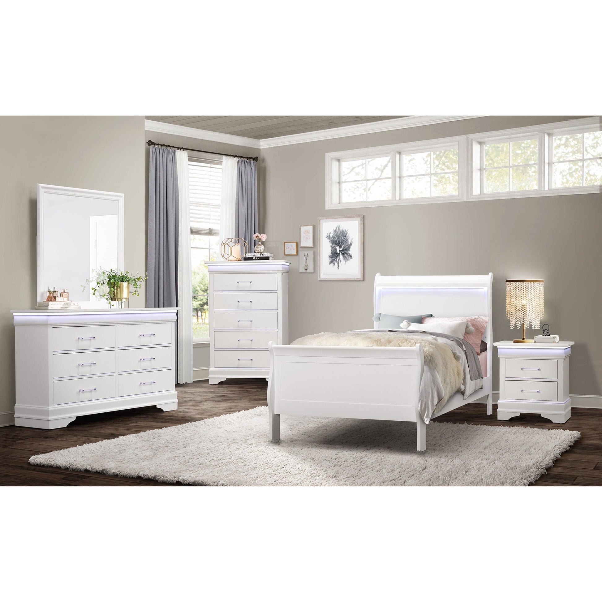 Charlston Bed With LED white sleigh bed by HouseOfZazla in a gray bedroom with white dressers on Tampa Home & Garden Store