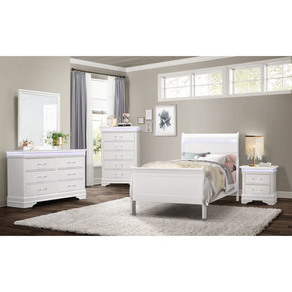 Charlston Bed With LED white sleigh bed by HouseOfZazla in a gray bedroom with white dressers on Tampa Home & Garden Store
