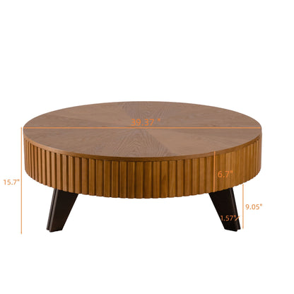 Round retro coffee table with solid wood legs in warm brown finish and ribbed apron HouseOfZazla on Tampa Home & Garden Store