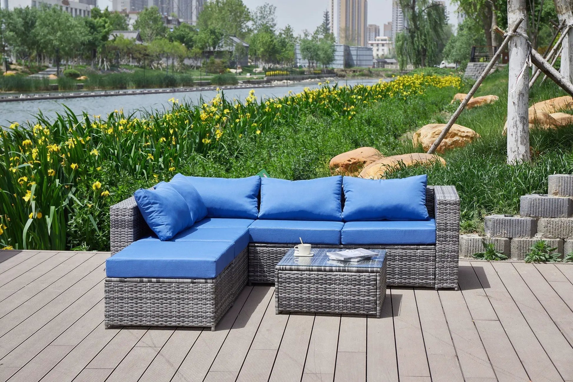 Patio Sofa With Cushions, blue wicker 2-piece outdoor set with glass coffee table on Tampa Home & Garden Store