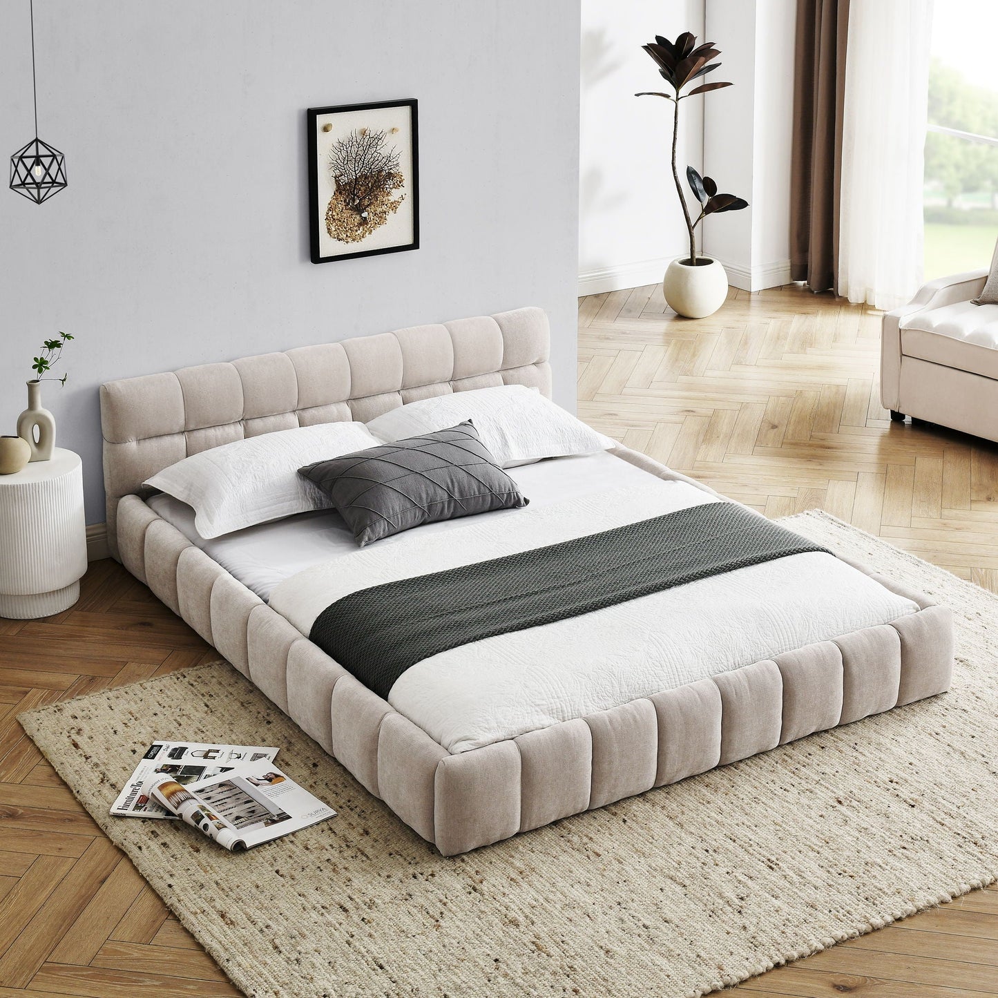 Modern Platform Bed and Thick Fabric Headboard