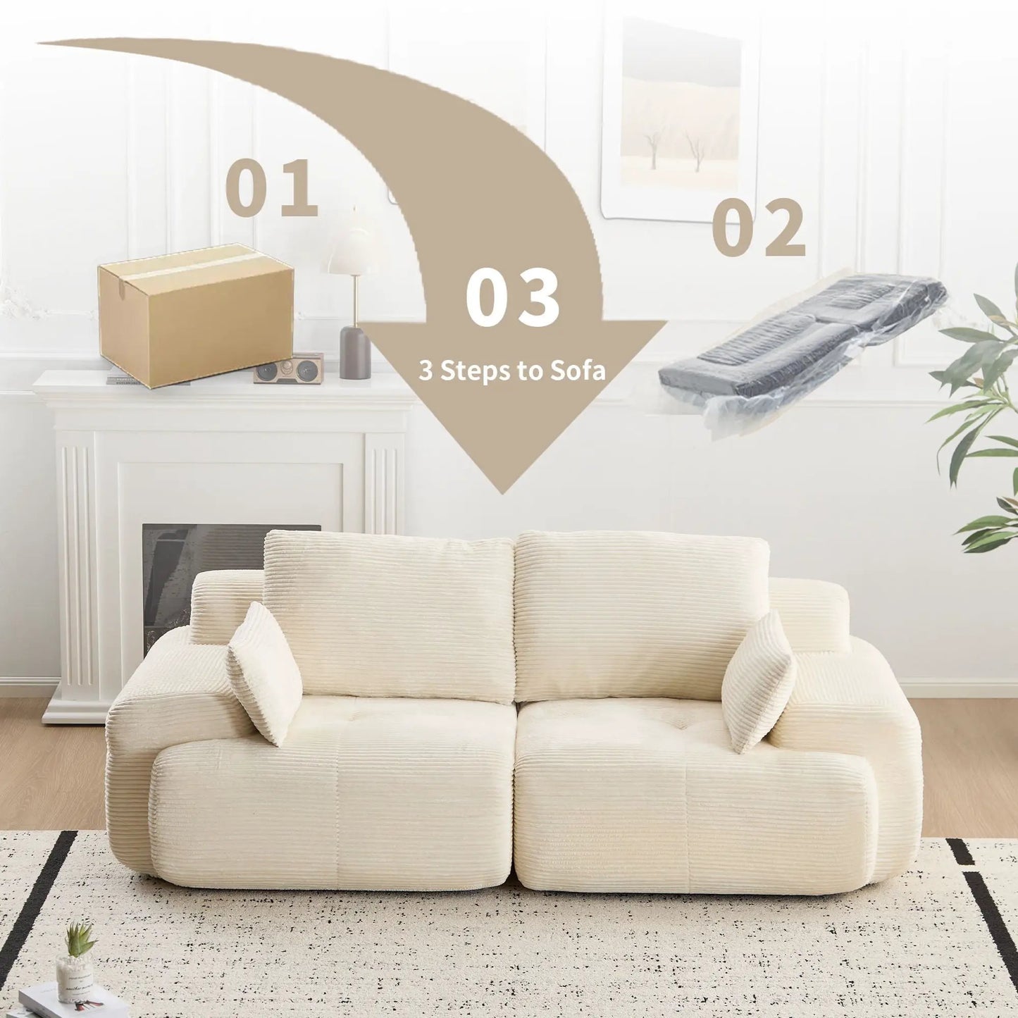 2 Seater Large Sectional Sofa cream ribbed fabric by Unique Piece Furniture, stationary on Tampa Home & Garden Store