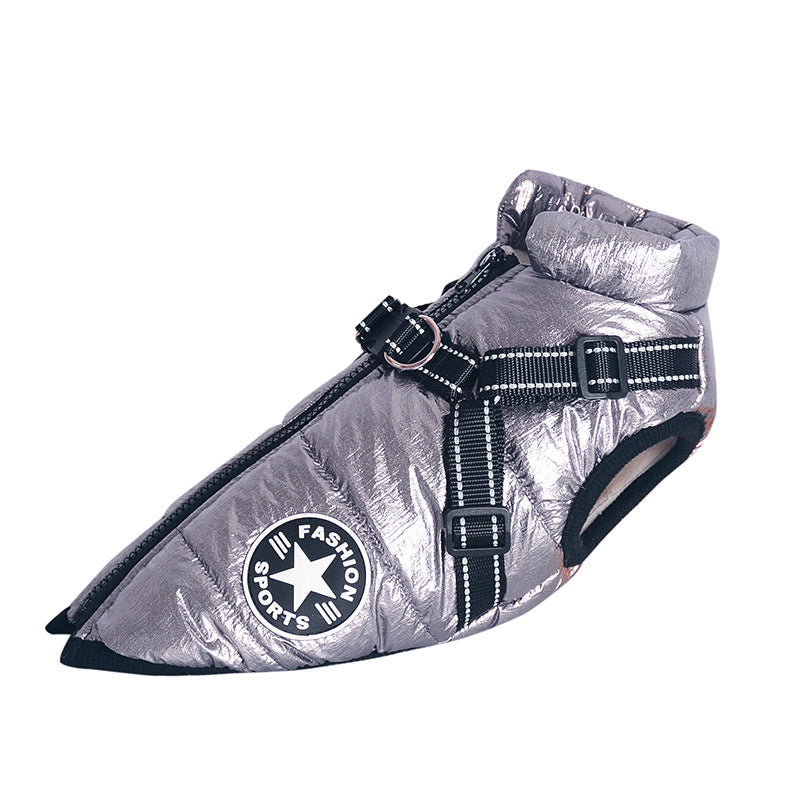 Pet Zen small dog hooded coat in metallic silver with black harness straps on Tampa Home & Garden Store