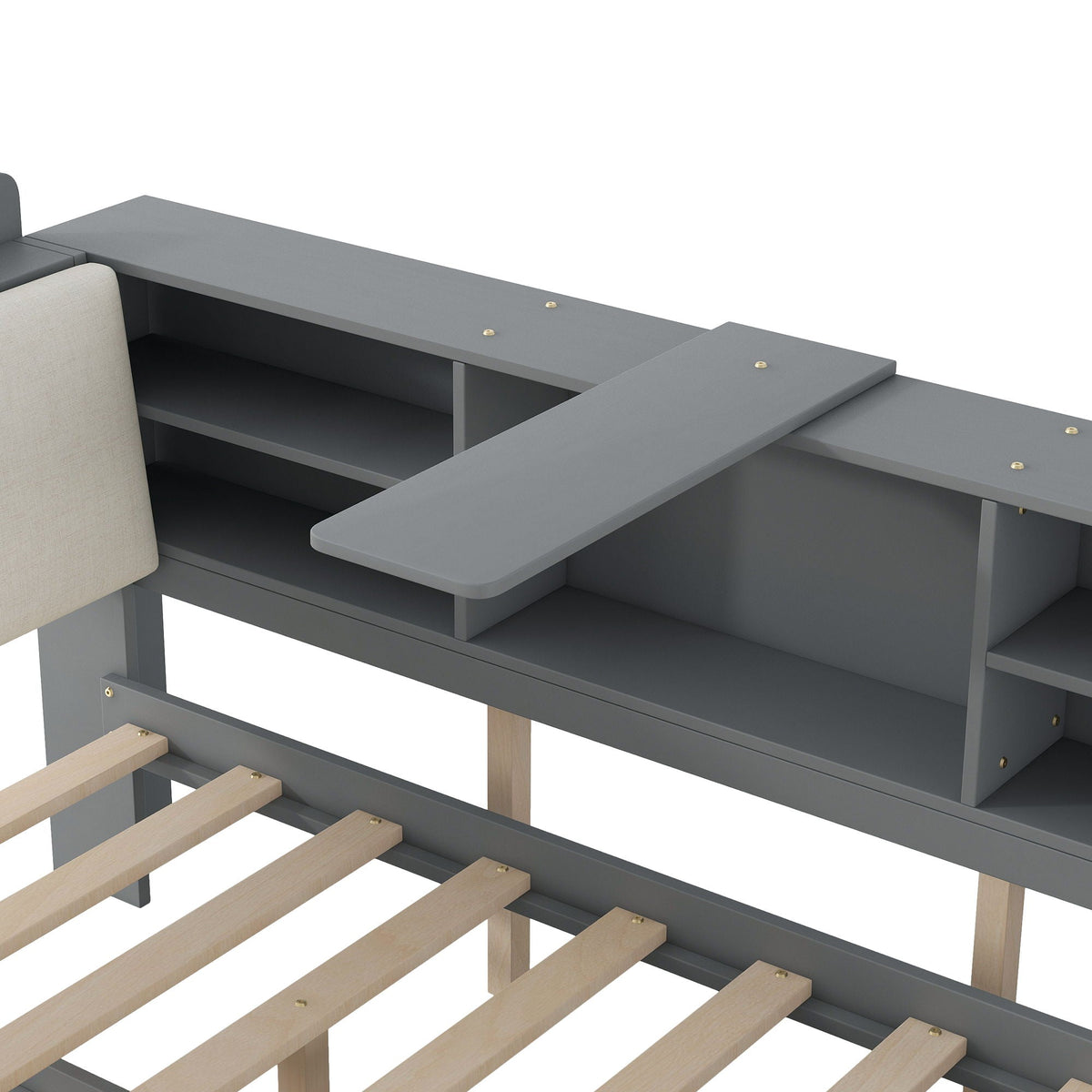 Platform bed with trundle, storage headboard, and open shelves in gray by HouseOfZazla on Tampa Home & Garden Store