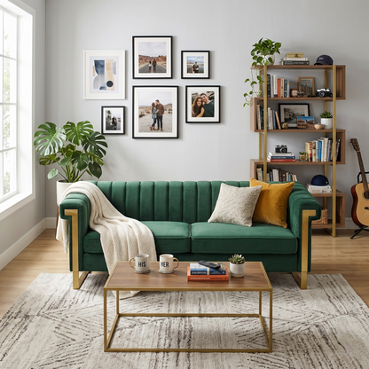 Velvet sofa FX-P81B-RG 834-14 emerald green with gold metal frame by HouseOfZazla on Tampa Home & Garden Store