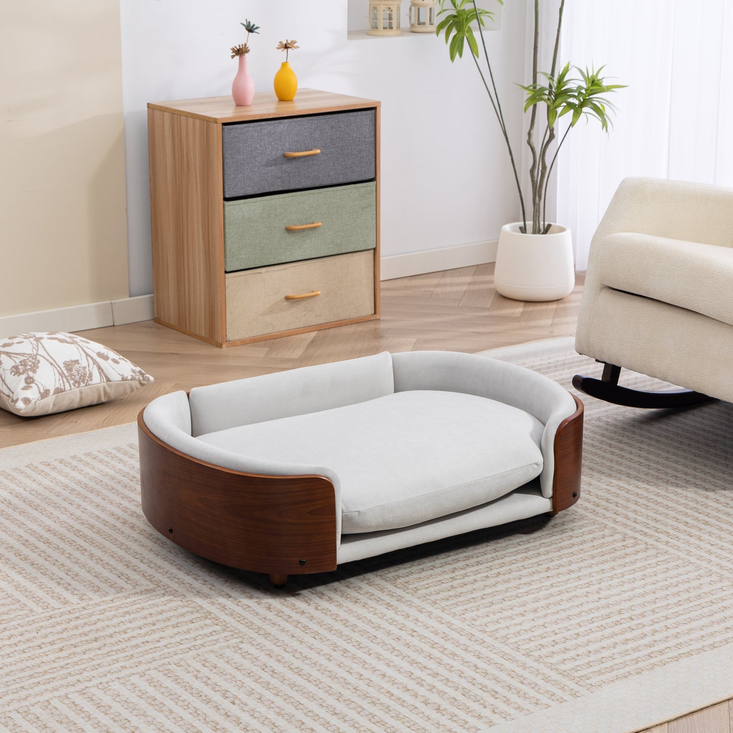 Scandinavian Style Elevated Dog Bed Pet Sofa with gray cushion and wood base on Tampa Home & Garden Store