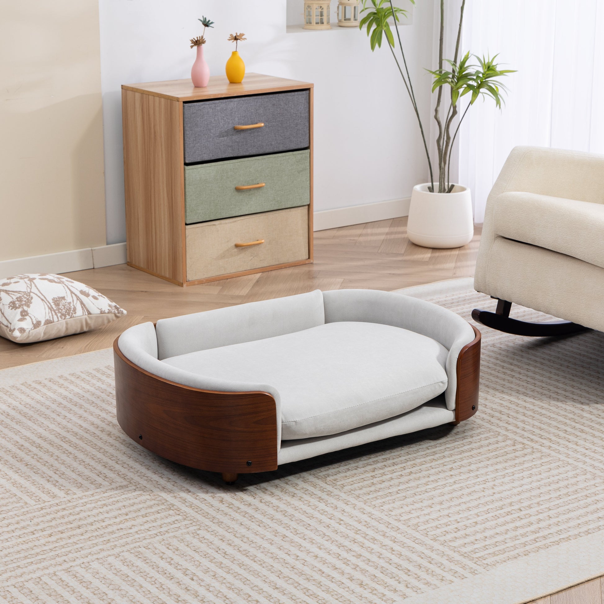 Scandinavian Style Elevated Dog Bed Pet Sofa with gray cushion and wood base on Tampa Home & Garden Store