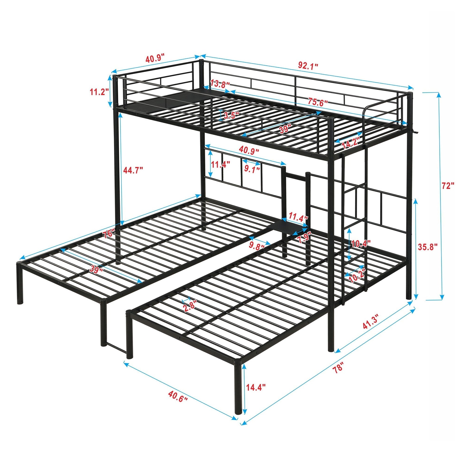 Twin over twin over twin black bunk bed with safety rails HouseOfZazla on Tampa Home & Garden Store