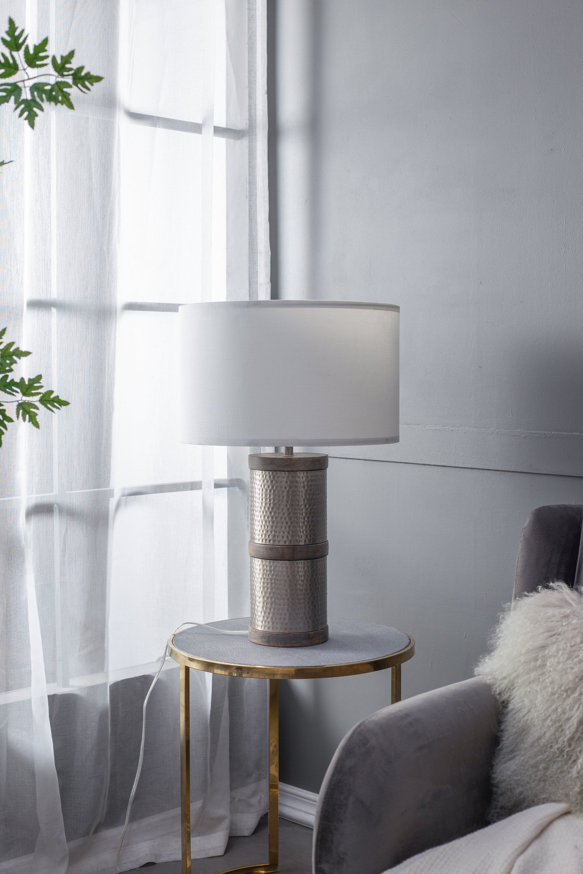 Table lamp D16x24.4in hammered iron with mango wood base and white shade HouseOfZazla on Tampa Home & Garden Store