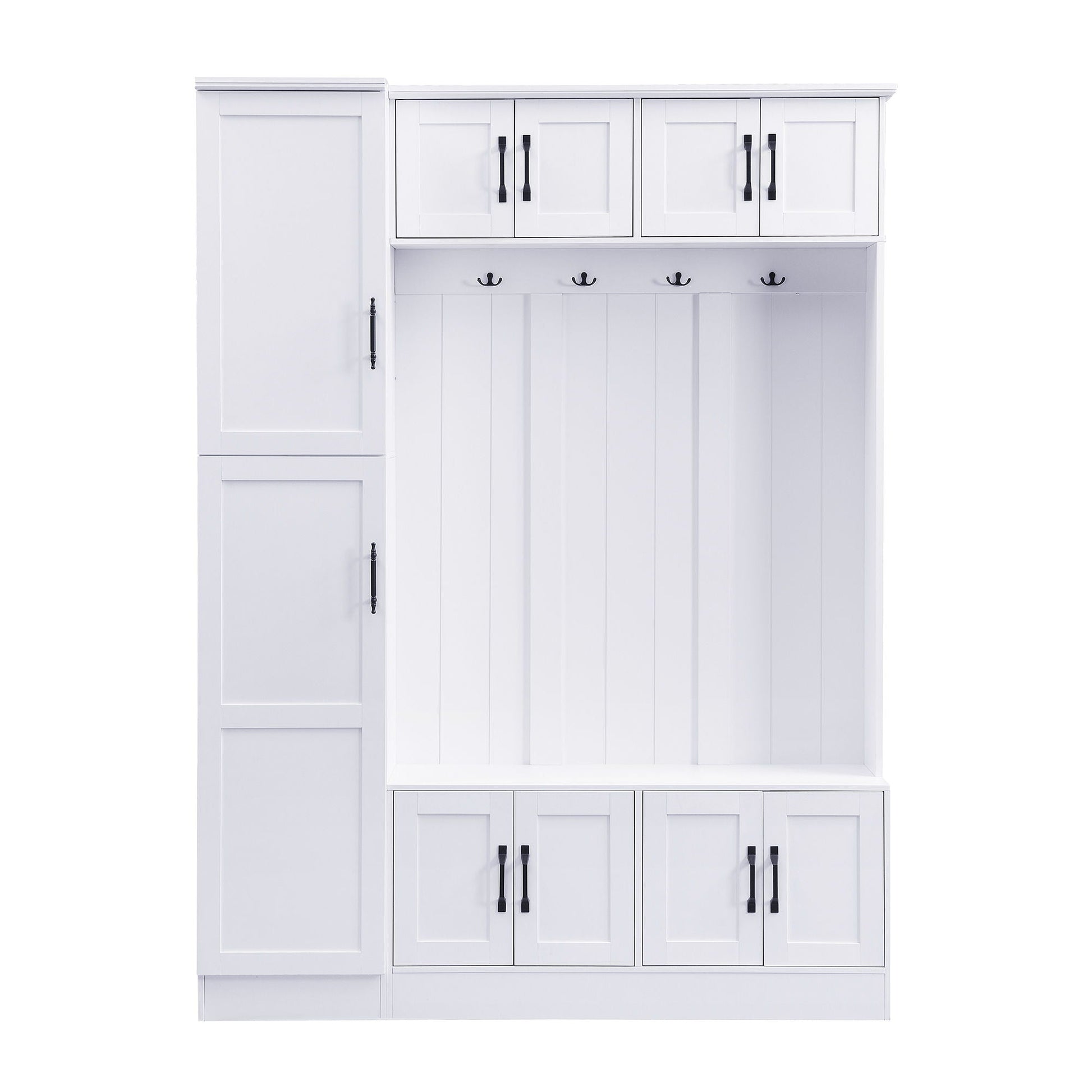 Tall Hall Tree With Shoe Storage by HouseOfZazla, white finish, 4 upper cabinet doors on Tampa Home & Garden Store
