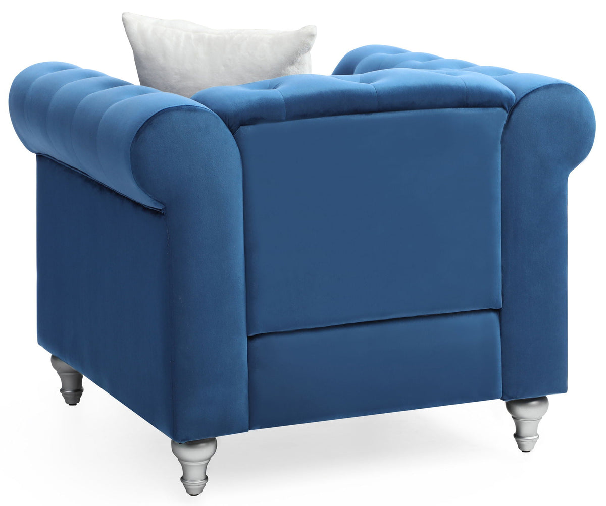 Contemporary blue velvet lounge chair with tufted rolled arms and white pillow by HouseOfZazla on Tampa Home & Garden Store