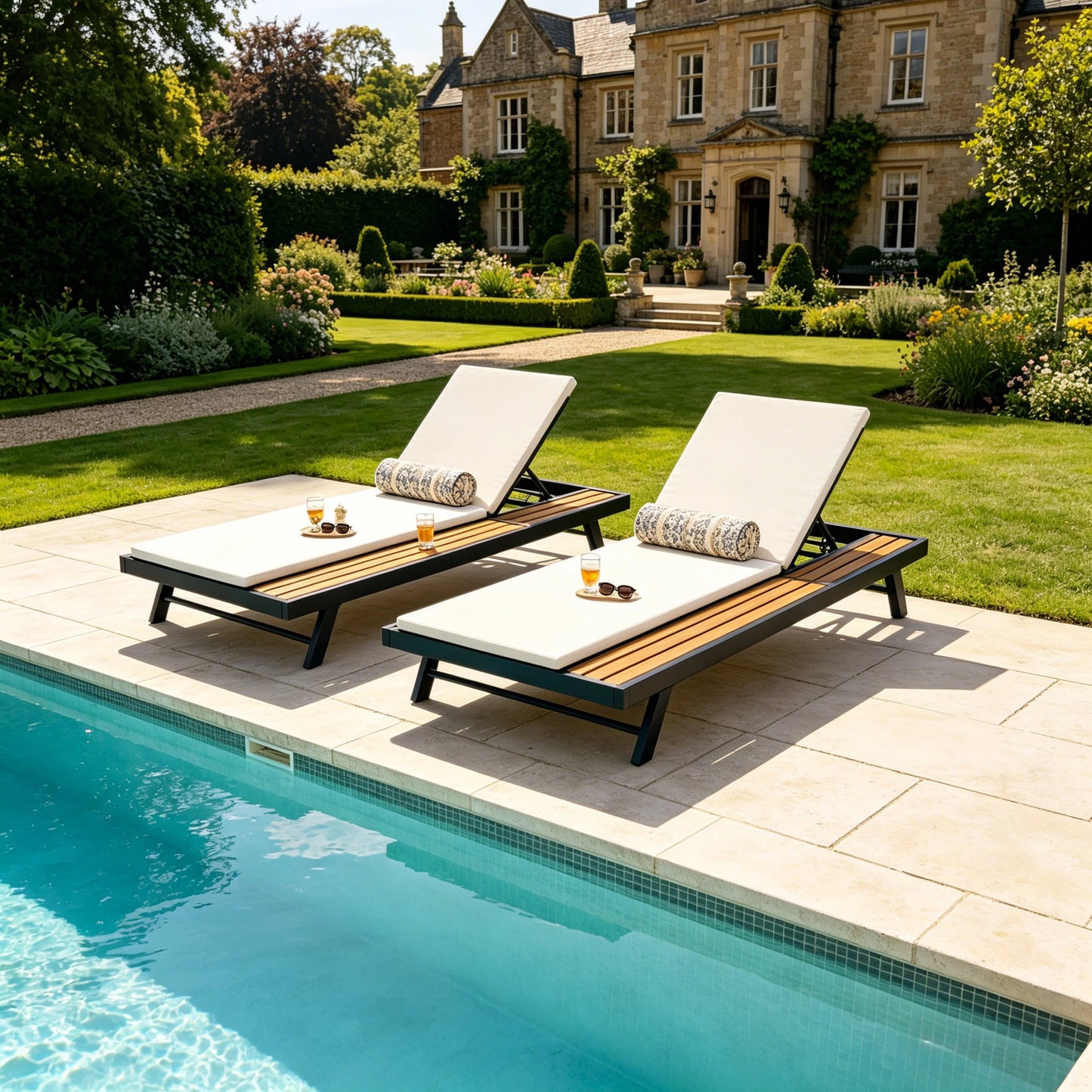 Black Iron and Teak Outdoor Chaise Lounge Set