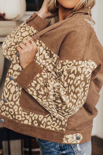 Leopard print drop-shoulder jacket by Stevvex with brown knit panels button-up closure on Tampa Home & Garden Store