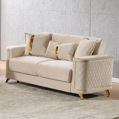 Upholstered stationary sofa in beige with gold-tone legs and quilted sides by HouseOfZazla on Tampa Home & Garden Store