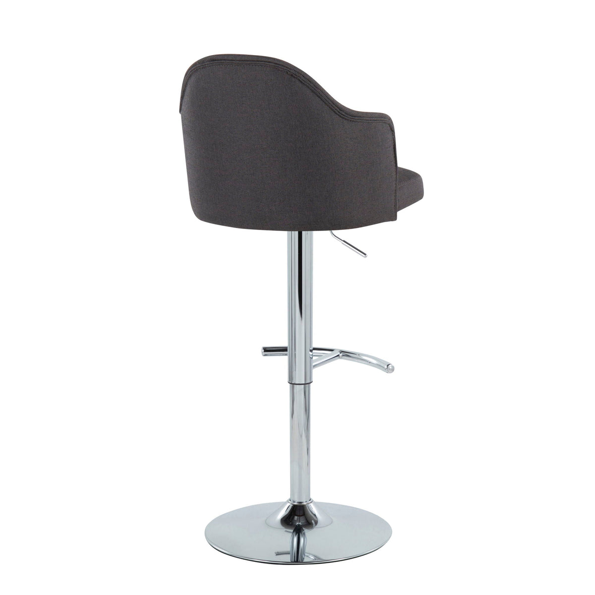 Contemporary adjustable barstool with swivel, chrome base, and dark gray fabric upholstery on Tampa Home & Garden Store