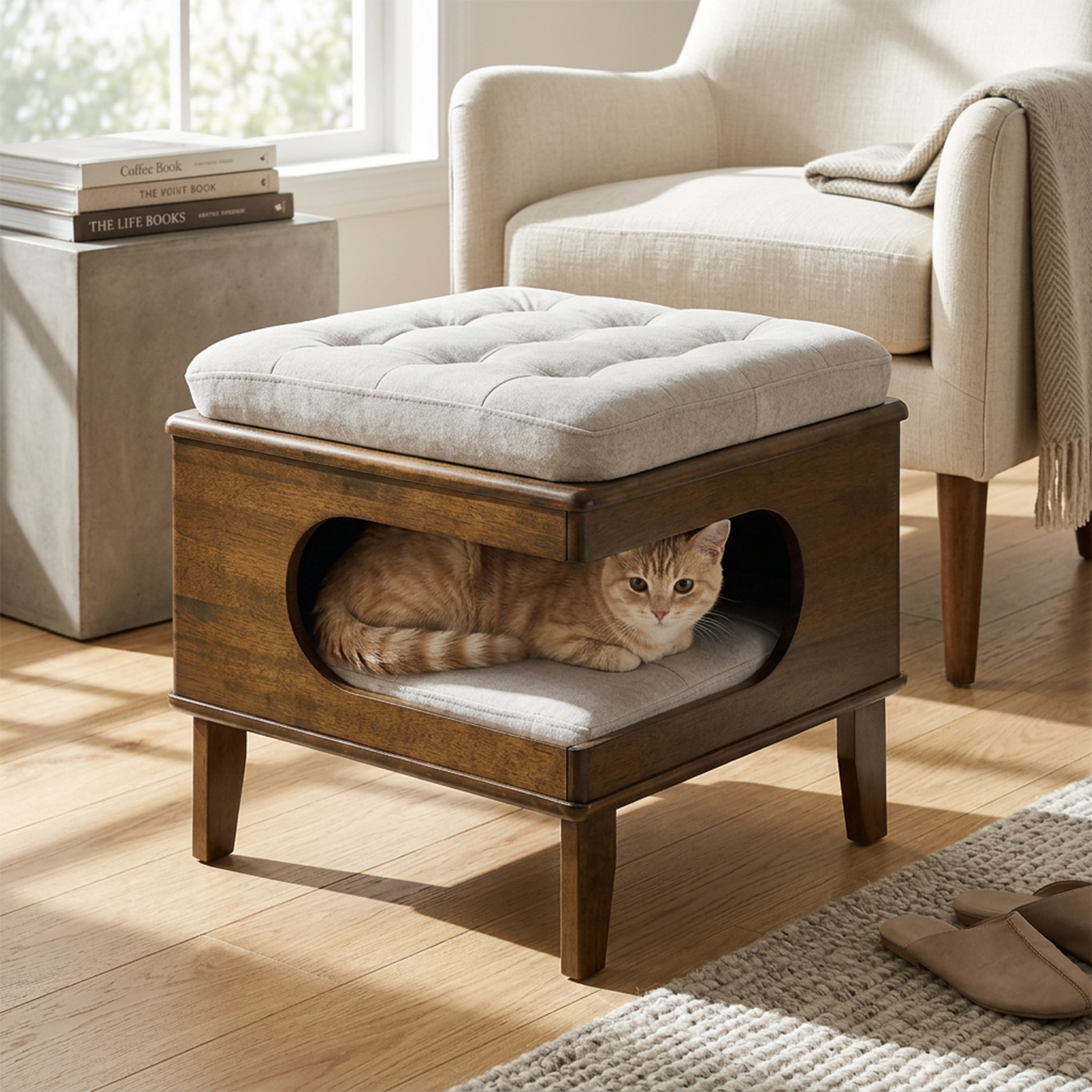 Letitia Rubber Wood Cat Bed Ottoman beige cushion on dark wood base cat peeks from entry on Tampa Home & Garden Store