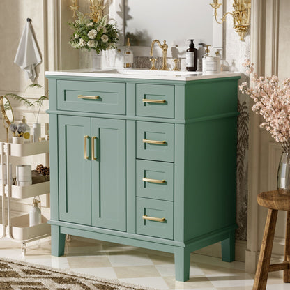 Modern bathroom vanity with sink by HouseOfZazla teal cabinet, brass hardware, storage drawers on Tampa Home & Garden Store