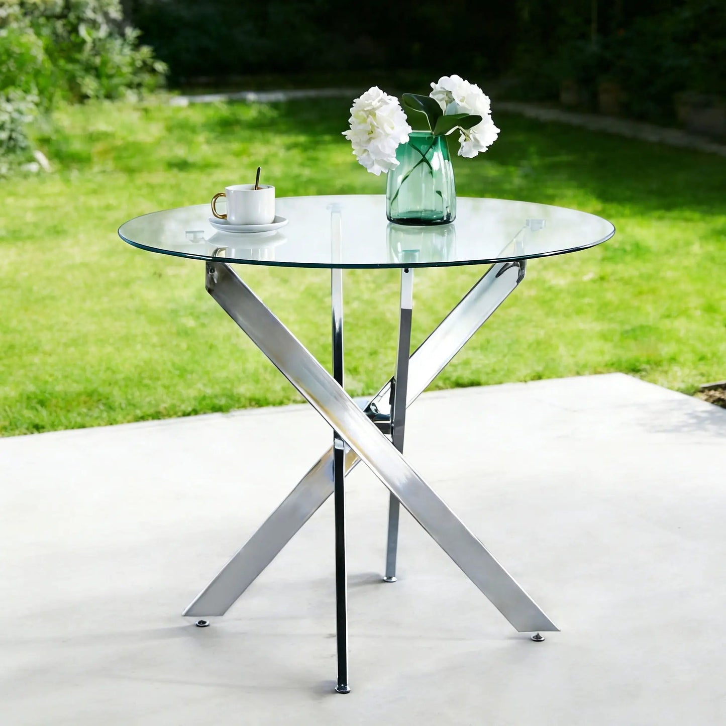 Dining table with cross metal legs and tempered glass top modern space-saving kitchen table on Tampa Home & Garden Store