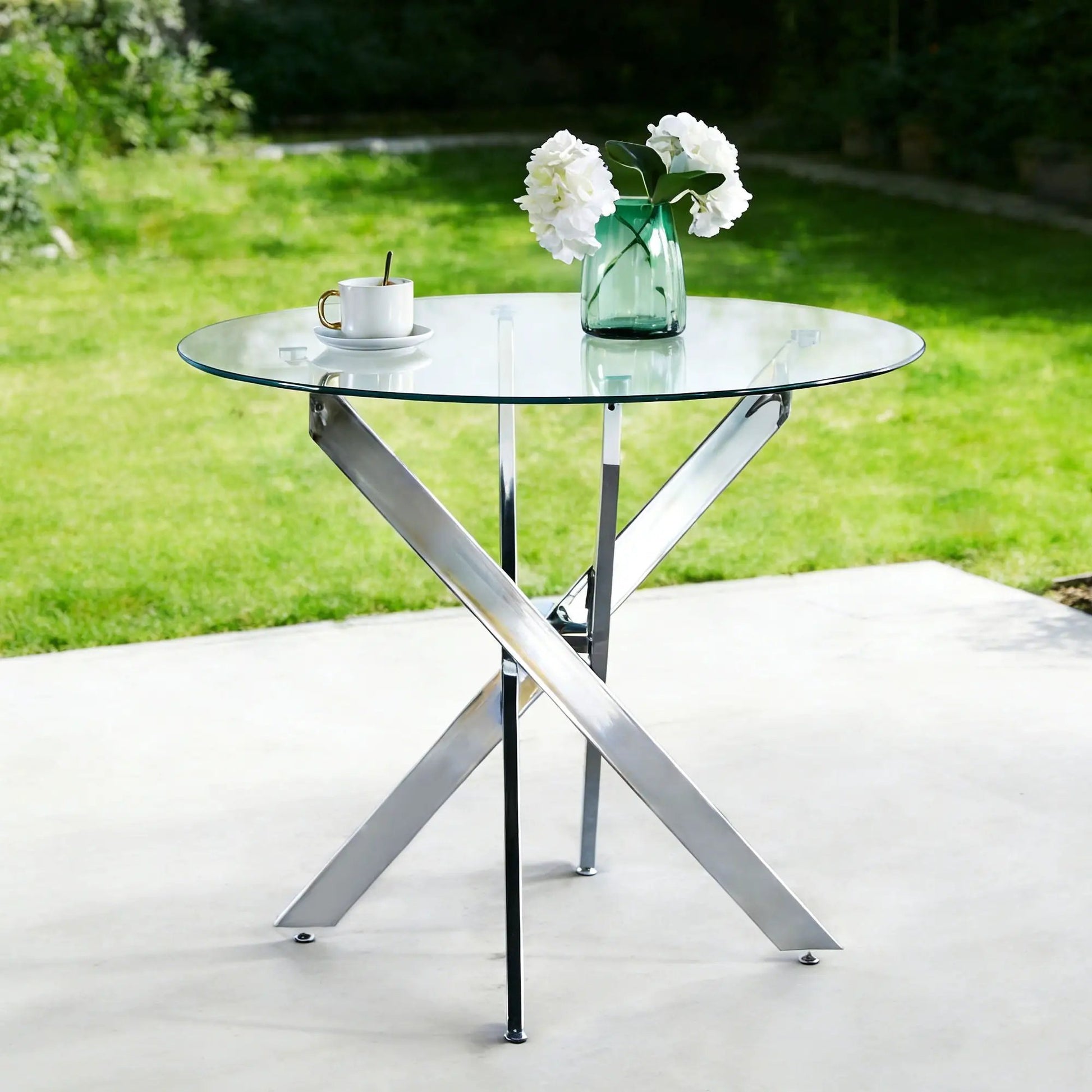 Dining table with cross metal legs and tempered glass top modern space-saving kitchen table on Tampa Home & Garden Store