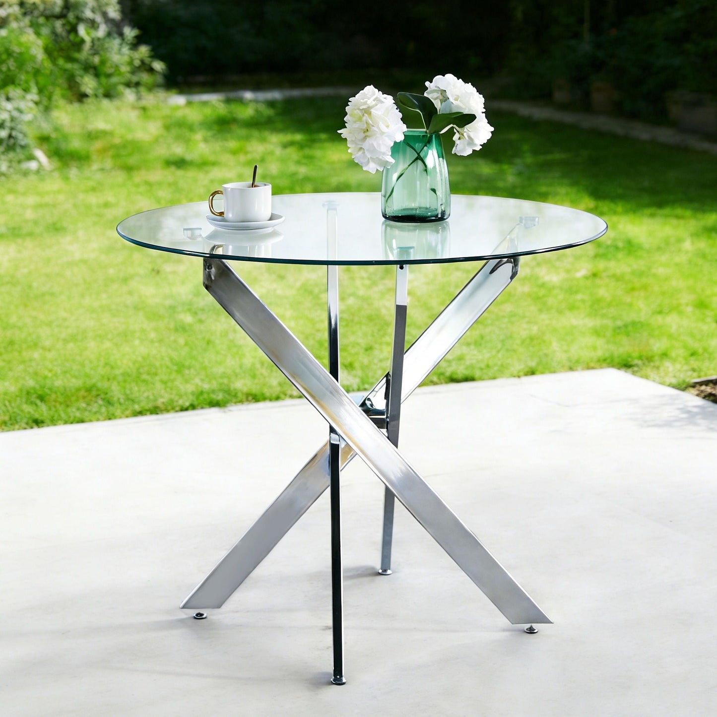 Modern Glass Dining Table with Metal Cross Legs
