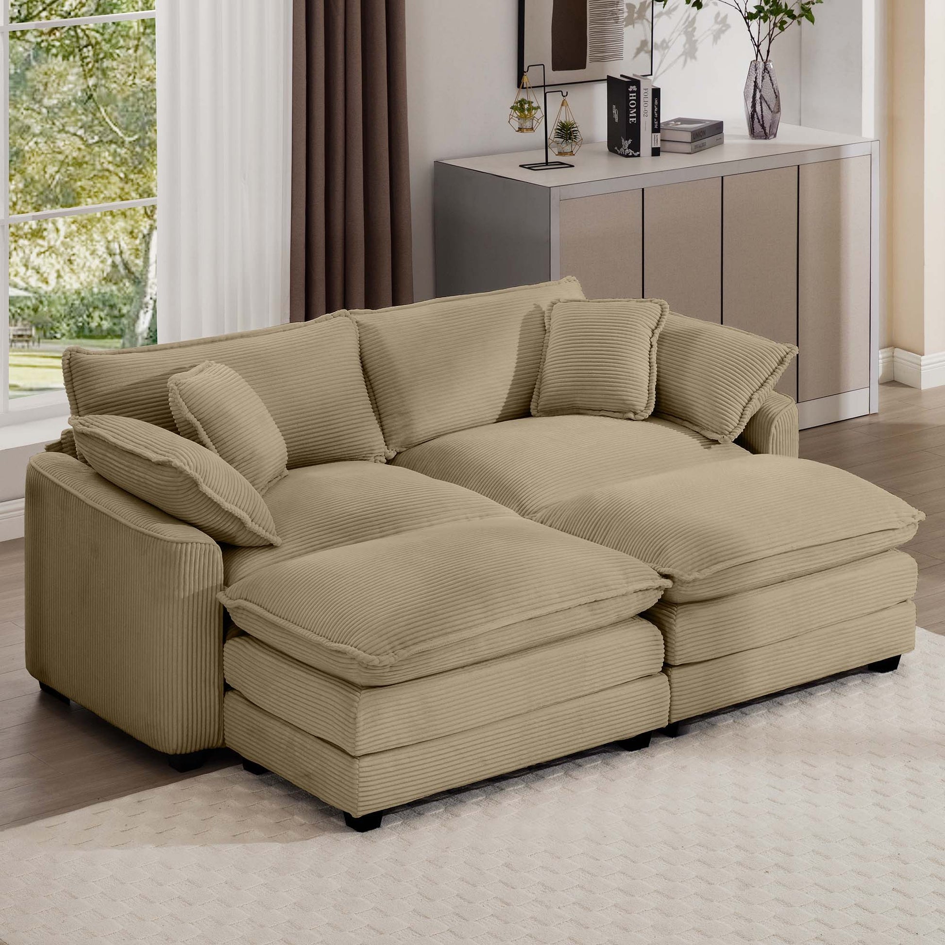 Modern oversized modular cushion sofa with ottoman in beige corduroy fabric by HouseOfZazla, low back and deep seating on Tampa Home & Garden Store