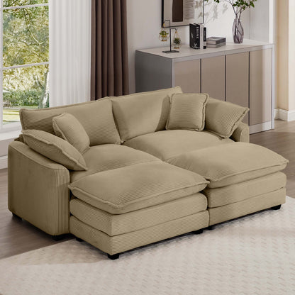 Modern oversized modular cushion sofa with ottoman in beige corduroy fabric by HouseOfZazla, low back and deep seating on Tampa Home & Garden Store