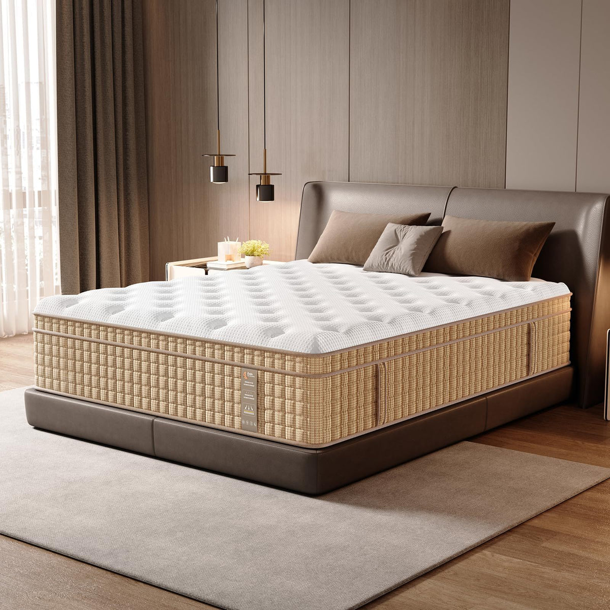 14in HouseOfZazla hybrid mattress with innerspring and gel memory foam on beige bed on Tampa Home & Garden Store