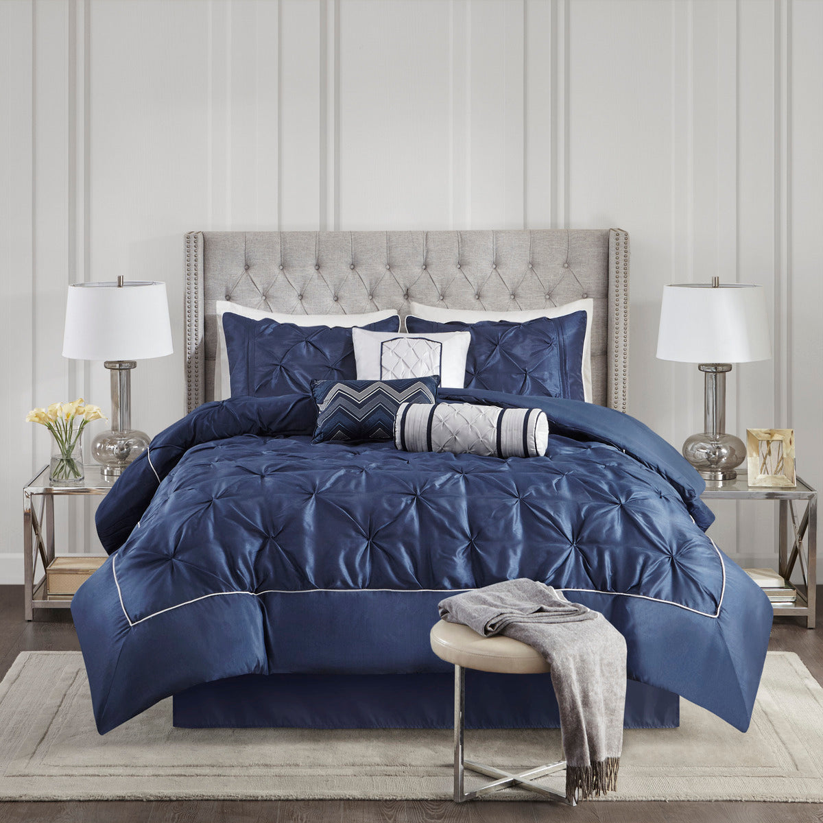 Navy King Size 7 Piece Tufted Comforter Set