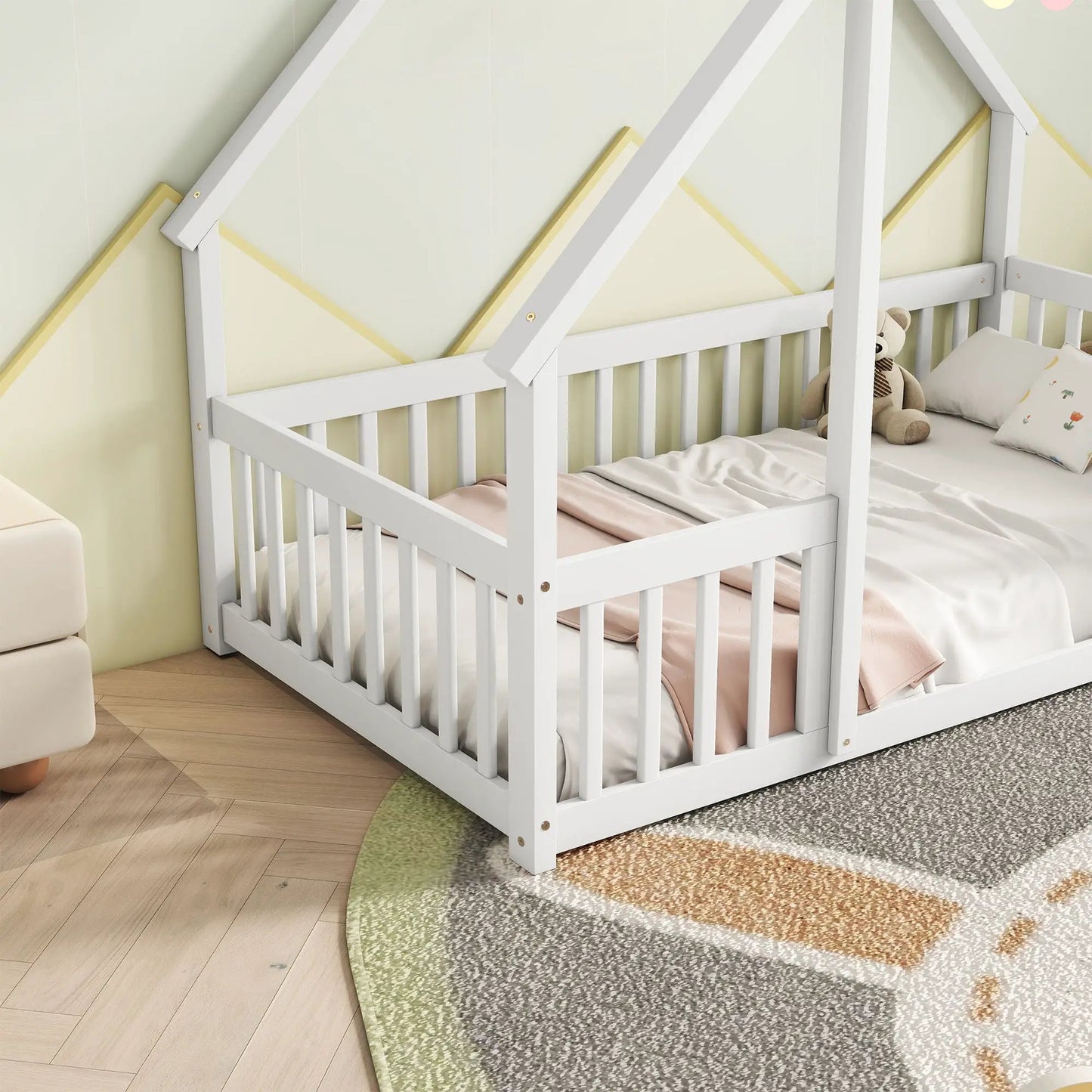 Wood house-shaped floor bed with fence guardrails in white finish by Unique Piece Furniture on Tampa Home & Garden Store