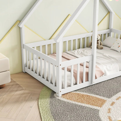 Wood house-shaped floor bed with fence guardrails in white finish by Unique Piece Furniture on Tampa Home & Garden Store