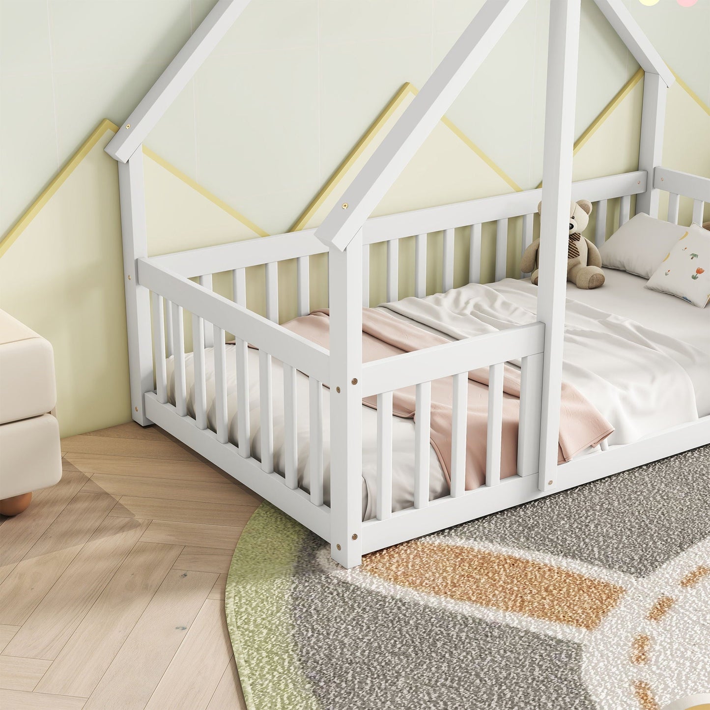 A Wood House Floor Bed with Guardrail Fence