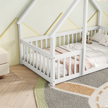 A Wood House Floor Bed with Guardrail Fence