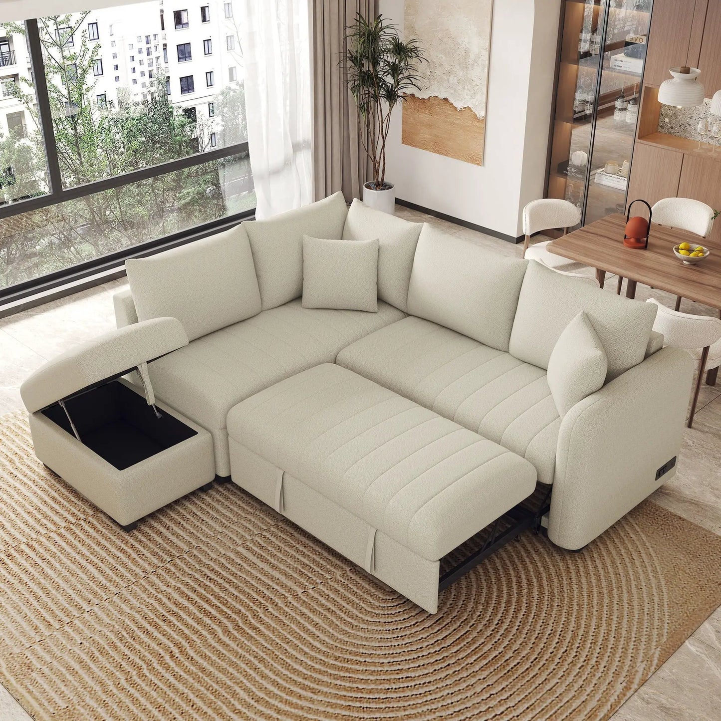 L-shaped sleeper sectional in light beige fabric with movable storage ottoman on Tampa Home & Garden Store