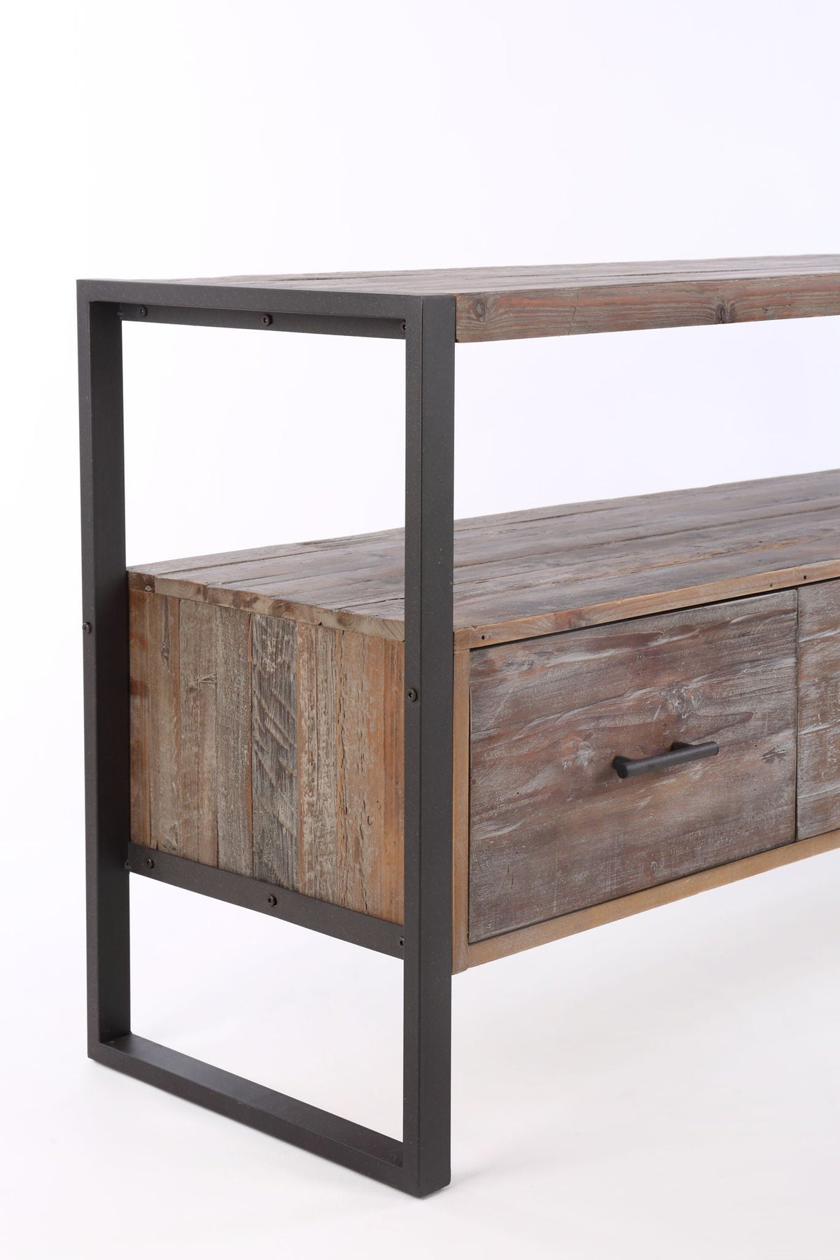 Reclaimed wood TV console with black metal frame, antique gray finish, 3 drawers and open shelf on Tampa Home & Garden Store