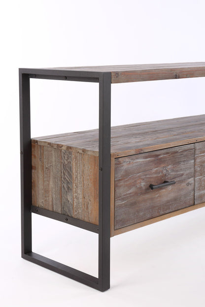 Reclaimed wood TV console with black metal frame, antique gray finish, 3 drawers and open shelf on Tampa Home & Garden Store
