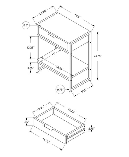 Accent Side Table with Storage Drawer and lower shelf, blueprint-style dimensions shown on Tampa Home & Garden Store
