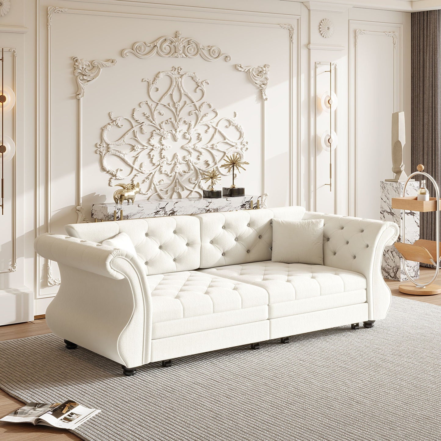 Oversized white Chesterfield pull-out sleeper sofa with roll-arm and flower tufting on Tampa Home & Garden Store