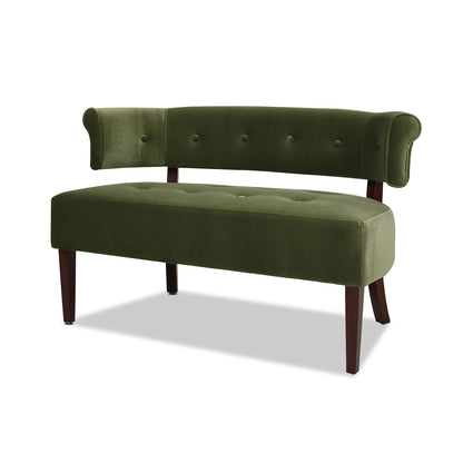 Jared Roll Arm Tufted Bench Settee in olive green velvet with dark wood legs by HouseOfZazla on Tampa Home & Garden Store