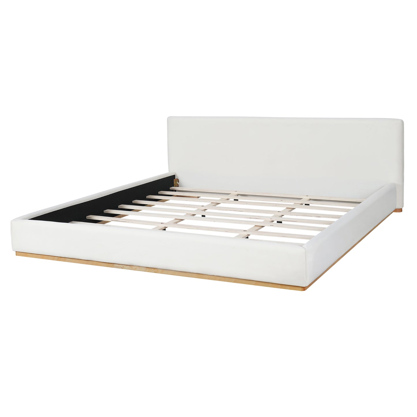 King size bed with white upholstered headboard, solid wood frame, and slatted base on Tampa Home & Garden Store
