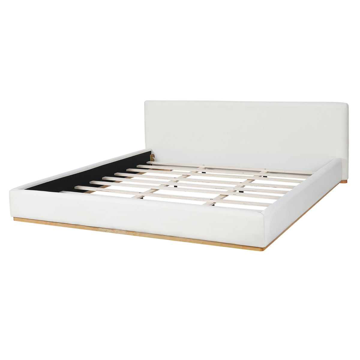 King size bed with white upholstered headboard, solid wood frame, and slatted base on Tampa Home & Garden Store